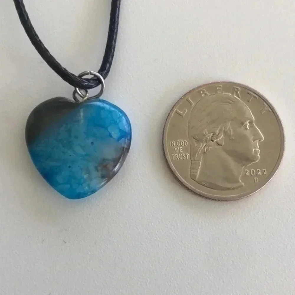 Blue & Gray Dragon Vein Heart Black Waxed Cord Necklace Handmade New NWT
